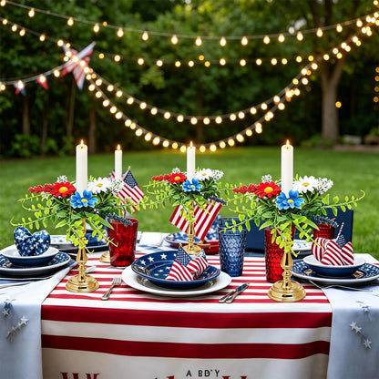 6 PCS Patriotic American Taper Candle Rings Wreaths 1.38" Mini 4th of July Floral Taper Candle Holder with Daisy Artificial Independence Day Table Centerpieces Wreath for Party Home Candlesticks Decor