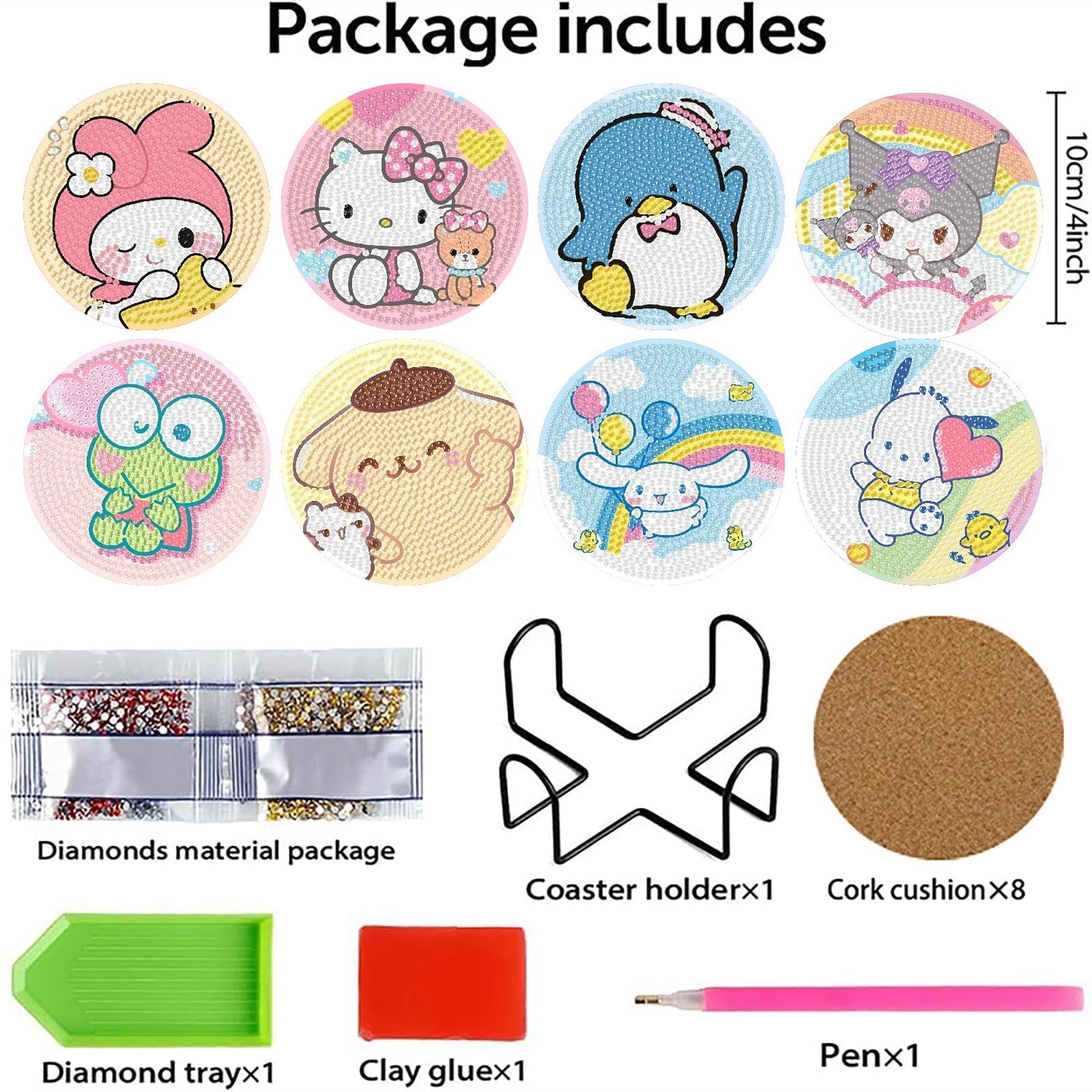 8Pcs Diamond Art Painting Coasters with Holder,DIY Cartoon Life Coaster Diamond Art Kits for Adults Kids,Beginners Round Full Drill Diamonds Art Craft Supplies