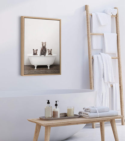 18x24 Kate and Laurel Sylvie Three Little Bears in Vintage Bathtub Framed Canvas Wall Art by Amy Peterson, Natural