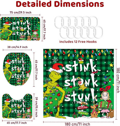 4 Pcs Christmas Shower Curtain Sets with Non-Slip Rugs, Toilet Lid Cover and Non-Slip U Shape Bath Mat, Christmas Bathroom Decor with 12 Hooks Xmas Holiday Home Decor(Green)