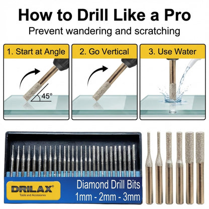 Drilax Diamond Drill Bits for Stone and Glass – 30 Pc Set (1mm, 2mm, 3mm) 1/8 Shank for Dremel & Rotary Tools – Jewelry Making, Gemstone, Sea Glass and Lapidary Drill Bits Kit