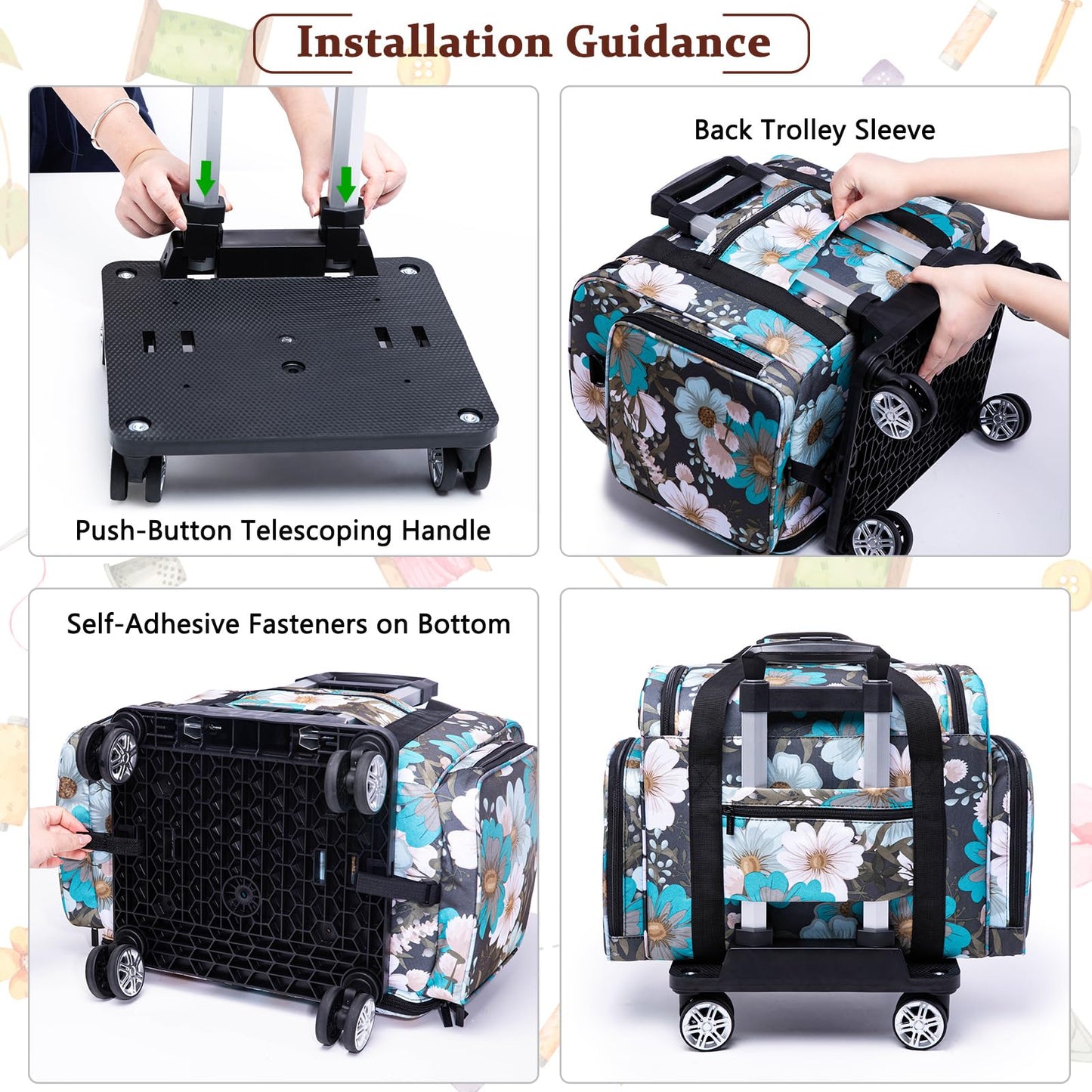 AMOIGEE Rolling Sewing Machine Case with Detachable Dolly, Padded Sewing Machine Bag with Wheels, Travel Tote for Most Standard Machines, Storage Organizer fits Brother, Singer