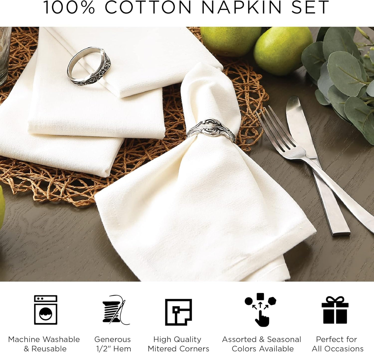 DII French Stripe Tabletop Collection Dining Table Linen Napkin Set, 20x20, White Chambray, 6 Piece