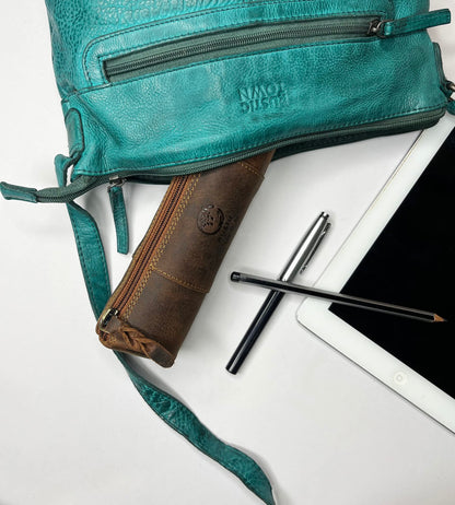 Rustic Town Leather Pencil Case - Full Grain Leather Zippered Pen Pouch - Stationery Bag Pen Holder for Work & Office, Brown, M, Pc200505flr-tan