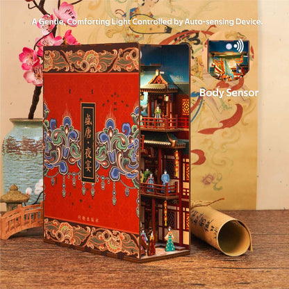 Tonecheer DIY Book Nook Kit for Adults, 3D Wooden Puzzle Bookend Bookshelf Insert Decor, Chinese Booknook Miniature House Kit with Body Motion Sensor LED Light (The Banquet of Tang Dynasty)