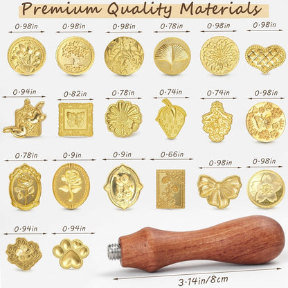 Wax Seal Stamp Kit，Sealing Wax Beads in 24 Colors、21pcs Sealing Wax Stamp Heads with Wooden Handle，Heater, Candle，Perfect for Wedding Invitations,Envelopes