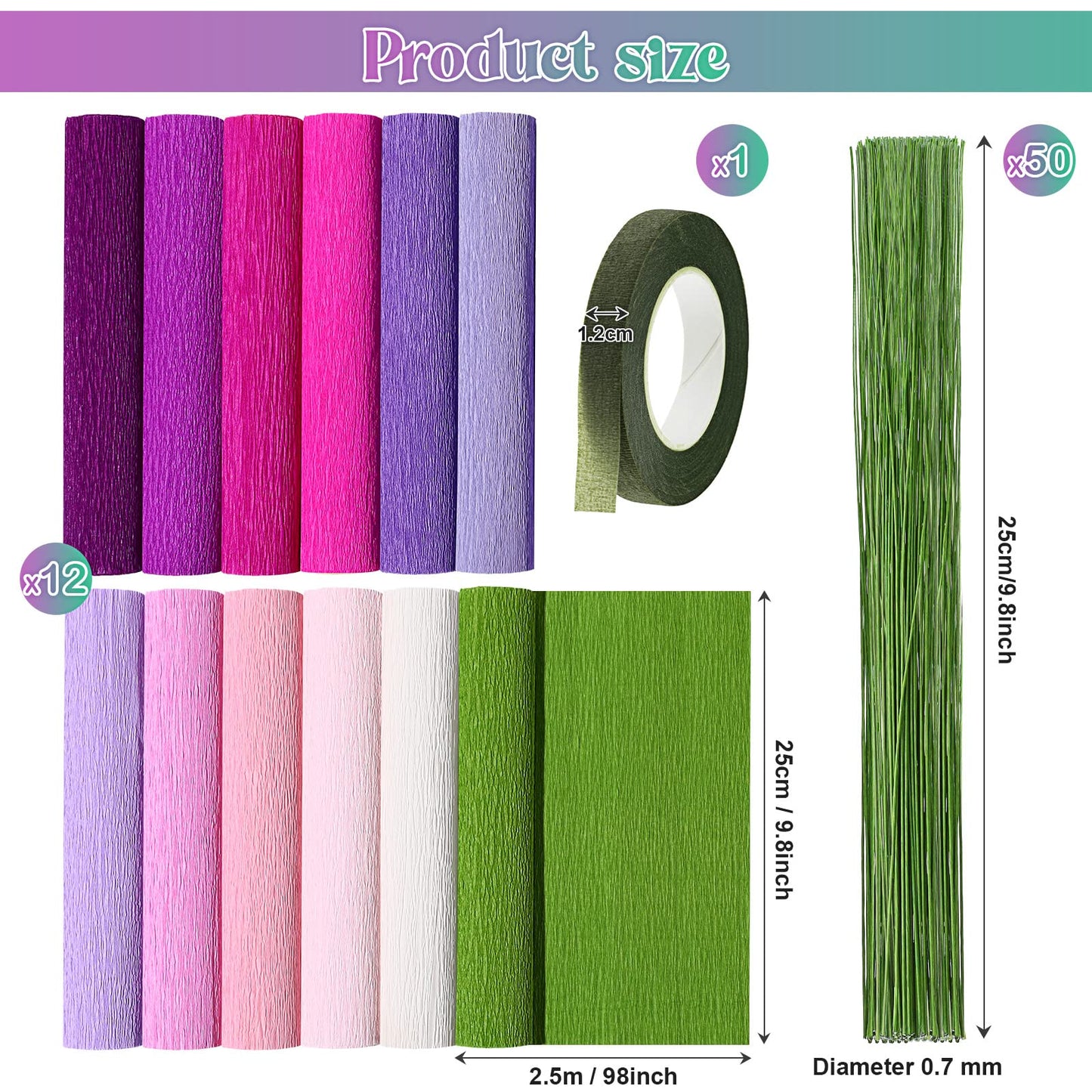 Leinuosen 115 Pcs Crepe Paper Flower DIY Kits 12 Rolls 10 x 98 Inch Crepe Paper Rolls Sheets 100 Floral Iron Wire 1 Wire Cutter 2 Tapes for Birthday Party Wedding Wreath Flower Making(Elegant Colors)