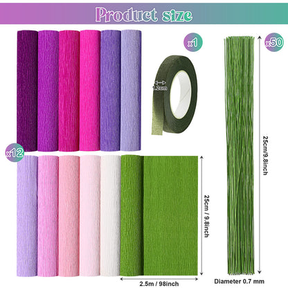 Leinuosen 115 Pcs Crepe Paper Flower DIY Kits 12 Rolls 10 x 98 Inch Crepe Paper Rolls Sheets 100 Floral Iron Wire 1 Wire Cutter 2 Tapes for Birthday Party Wedding Wreath Flower Making(Elegant Colors)