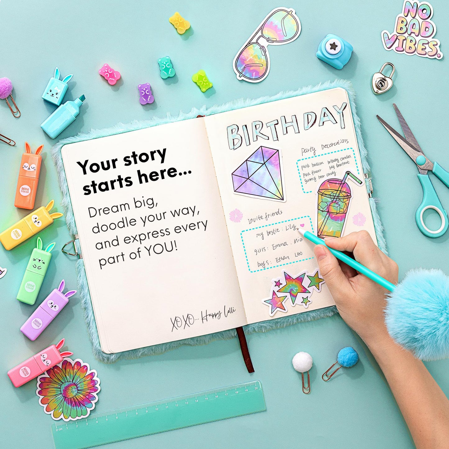 HAPPY LOLLI Mint LolliME DIY Journal Kit for Tween & Teen Girls Ages 8–14, Birthday Gift, 300+ Pieces Lockable Diary Set, Arts & Crafts, Scrapbook & Creative Journaling