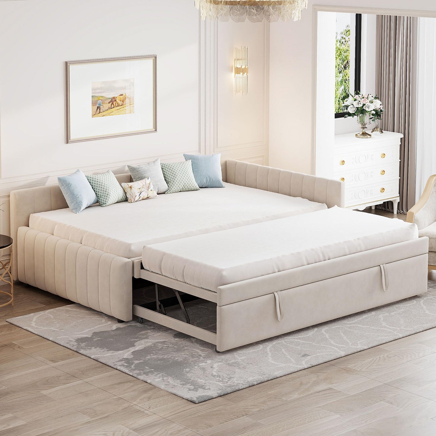 Full Size Upholstered Daybed with Pop up Trundle Bed,Velvet Day Bed Frame with L-Shaped Backrest,Pop up Trundle Full Size,Tufted Sofa Bed for Bedroom,Living Room,Guest,Beige