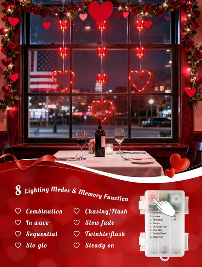 MYGOTO Valentines Day Window Lights, 65 LED 10 Red Heart Lights USB/Battery Operated, Timer Memory with 8 Modes Hanging Valentines Decorations Light for Valentine's Day Anniversary Wedding Decor