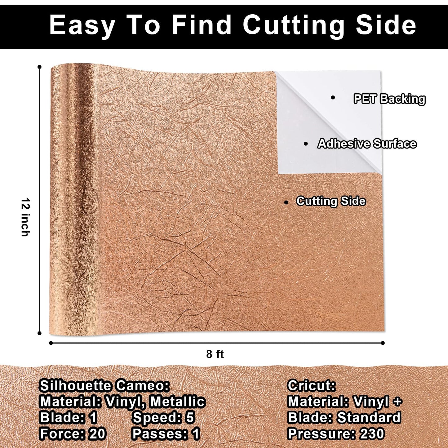 VINYL FROG Tree Texture Adhesive Vinyl Roll, 12" x6ft Rose Gold, Permanent Craft Vinyl, Metallic Foil Sticker for Crafts, Home Decor