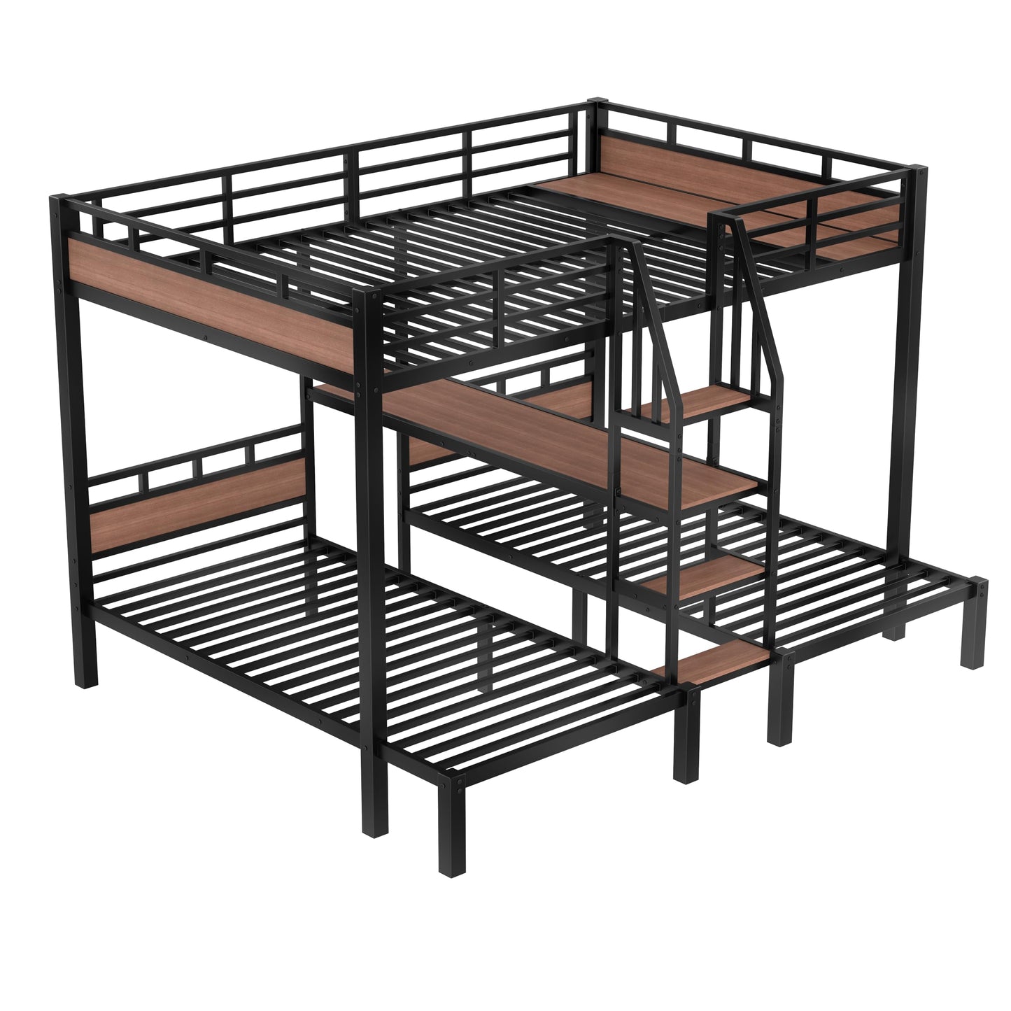 Bellemave Queen Over Twin & Twin Bunk Bed with Shelves, Metal Triple Bunk Beds with Safety Guardrails and Underbed Storage, Heavy-Duty 3 Bunk Beds for Kids, Teens, Adults, No Box Spring Needed, Black