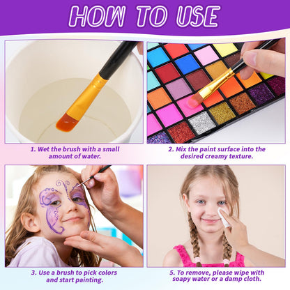 LOUHUA 54 Colors Face Painting Kit for Kids - Non Toxic Water Activated Face Paint with Stencils, Brushes, Gems - for Halloween, Birthday, Carnival, Cosplay