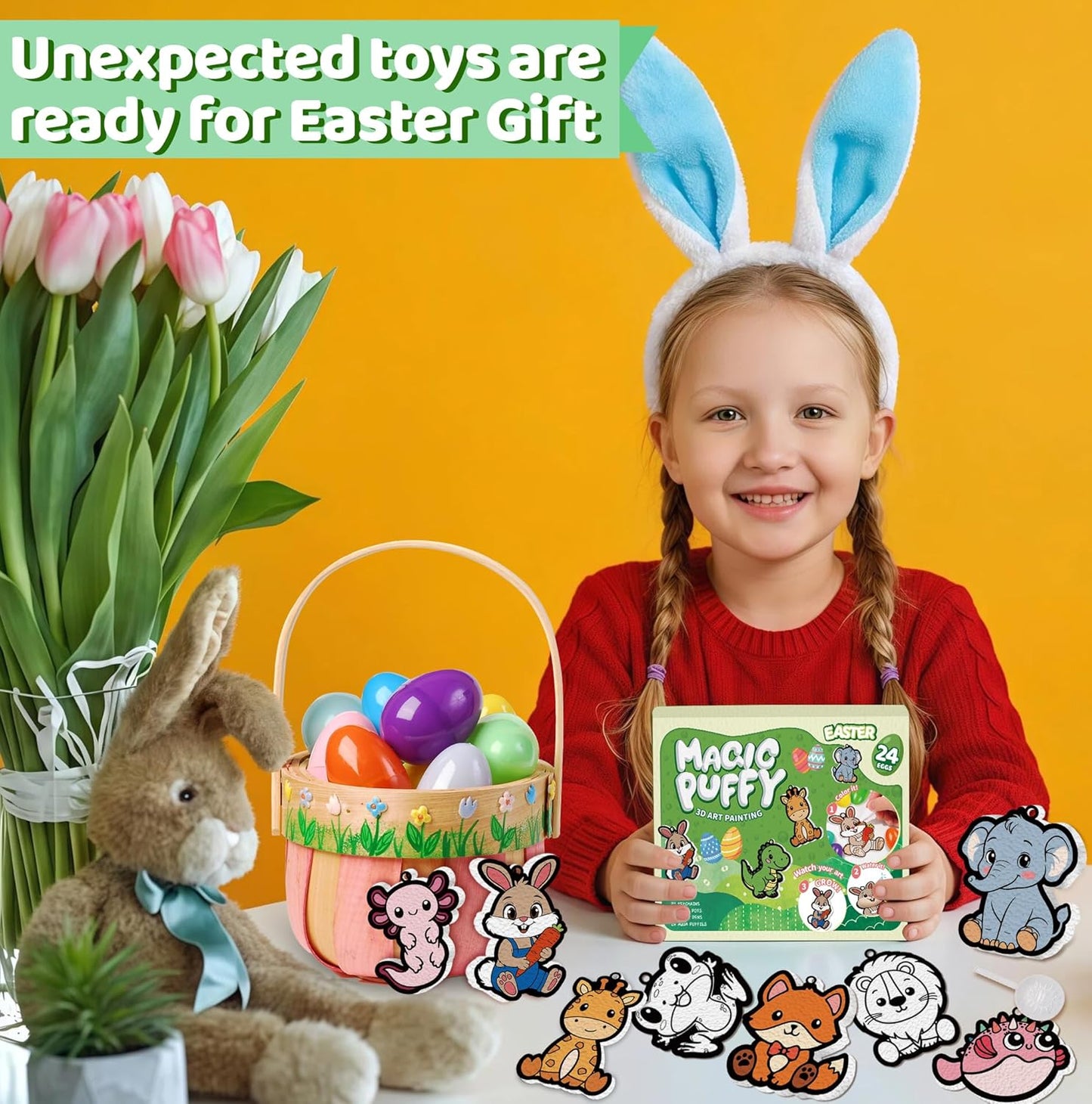 24PCS 3D Easter Basket Stuffer Party Favors, Magic Puffs, Puffs, DIY Art Crafts Kits Paint for Kids, Foam Texture