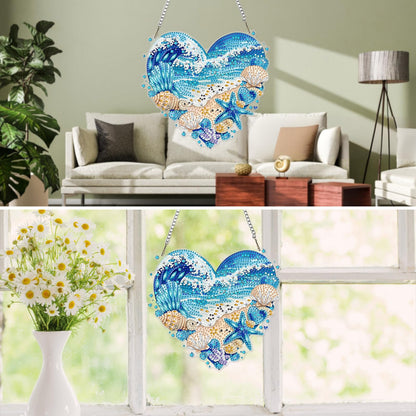 MXJSUA Waves Beach Diamond Painting Art Window Suncatchers, Diamond Art Kits for Adults Hanging Ornaments with Chain, 5D Special Shape Crystal Diamond Pendant Accessories for Decor Gift 8x8 Inch