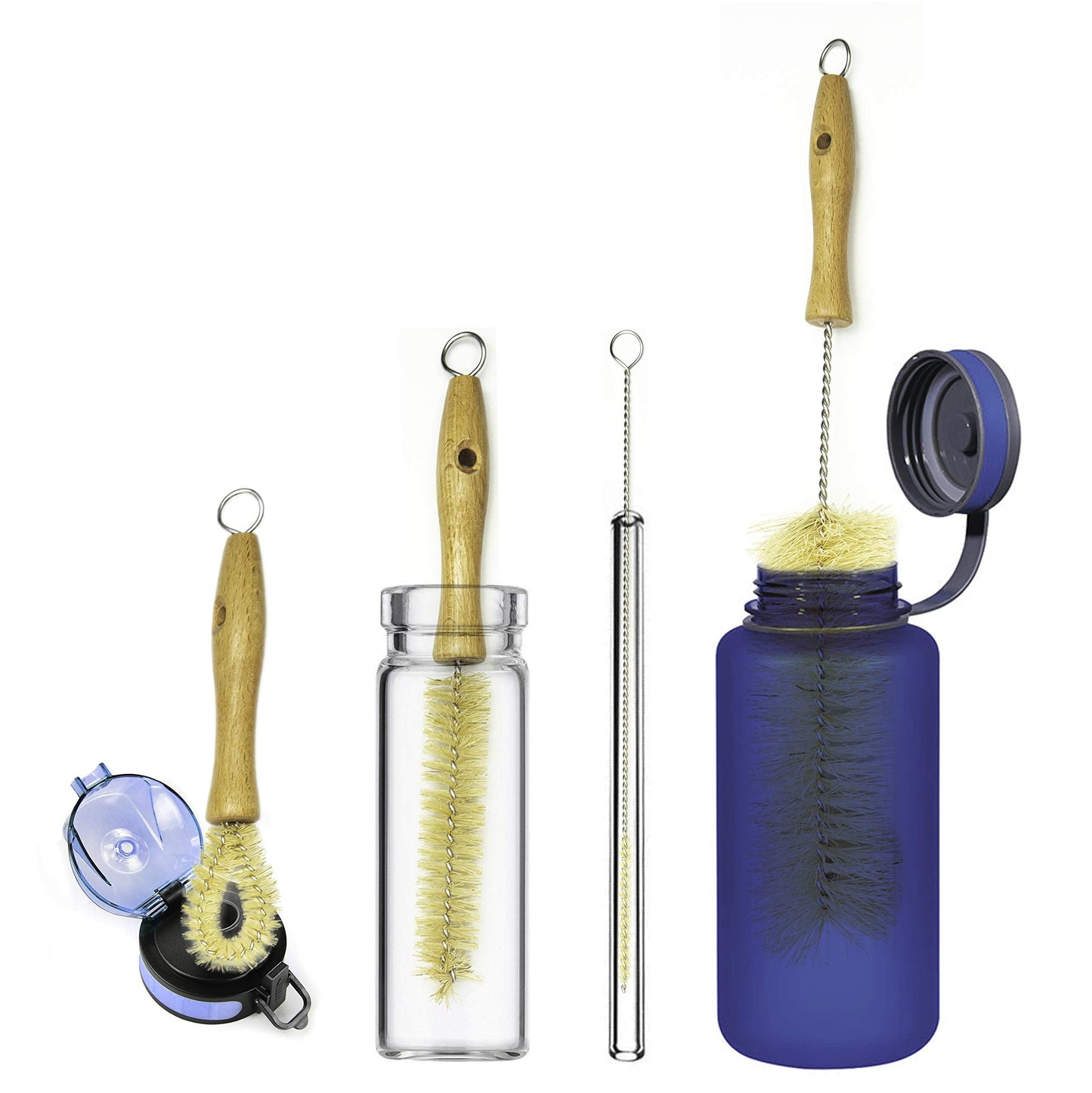 All Natural Bottle Brush and Straw Set (NO Plastic) Sisal Bristles and Wood Handle Bottle Cleaners for Washing Narrow Beer Bottles, Sports/Water Bottles, Tumbler, Kettles, Lid Brush, Long Straw Brush