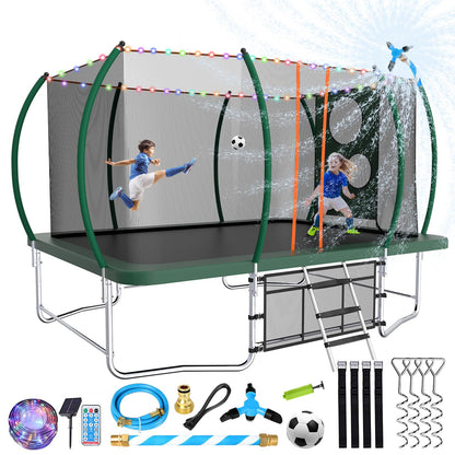 Lyromix 14FT Outdoor Rectangle Trampoline for Kids and Adults, Rectangular Trampoline with Curved Poles, Pumpkin Trampolin with Light, Sprinkler, Soccer and Storage Bag