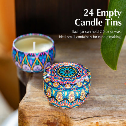 Domivirgo 24 Empty Candle Tins 2.5 oz with Lids - Simple Candle-Making Kit, Includes 26 Wicks, 5 Holders & 32 Stickers, Multi-Purpose Storage Containers for Crafts & Small Items (2.5oz)