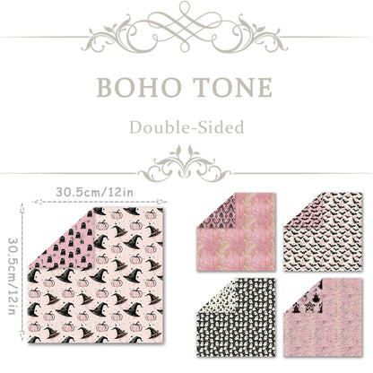 12 x 12 Scrapbook Paper, 24 Sheets Boho Pink Halloween Tone Double-Sided Decorative Cardstock Sheets for Scrapbooking, Crafts, DIY Albums, Junk Journals