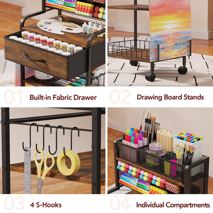 Homsorout Art cart, 3 Tier Rolling Cart - Utility Cart with Storage Drawer and Wheels, Versatile Art & Craft Organizer for Home, Office, or Studio Ideal for Storing Brushes, Paints （Brown）