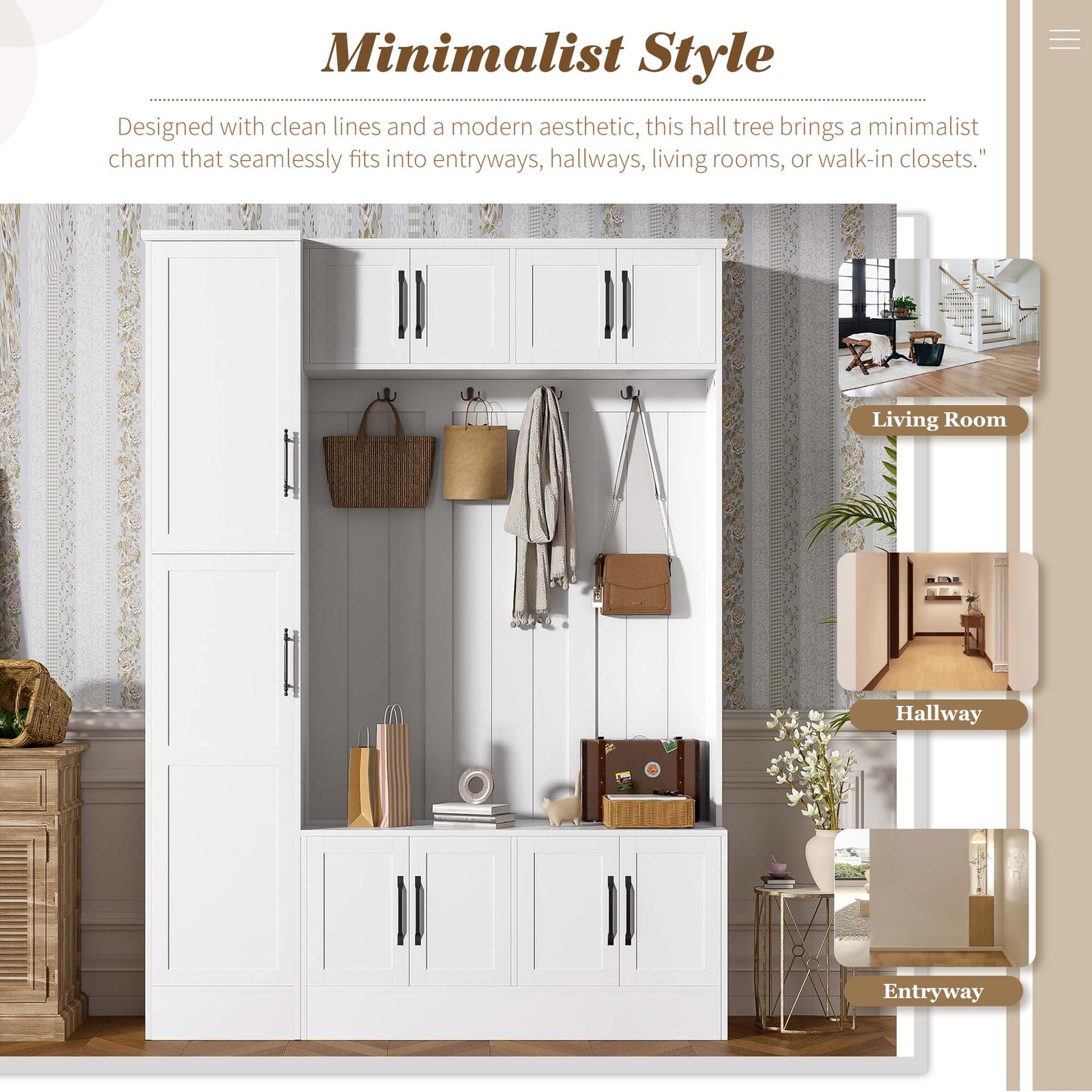 Hall Tree with Bench and Shoe Storage, Entryway Coat Rack with Storage, 4-in-1 Entryway Bench with 6 Cabinets, 4 Coat Hooks & Adjustable Shelf, Mudroom Bench with Storage and Hooks for Hallway, Livin