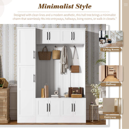 Amposei 79’’ Tall Hall Tree with Storage Bench & Coat Rack Modern Entryway Organizer Cabinet with Doors, Hooks & Adjustable Shelf for Hallway Living Room Furniture, White
