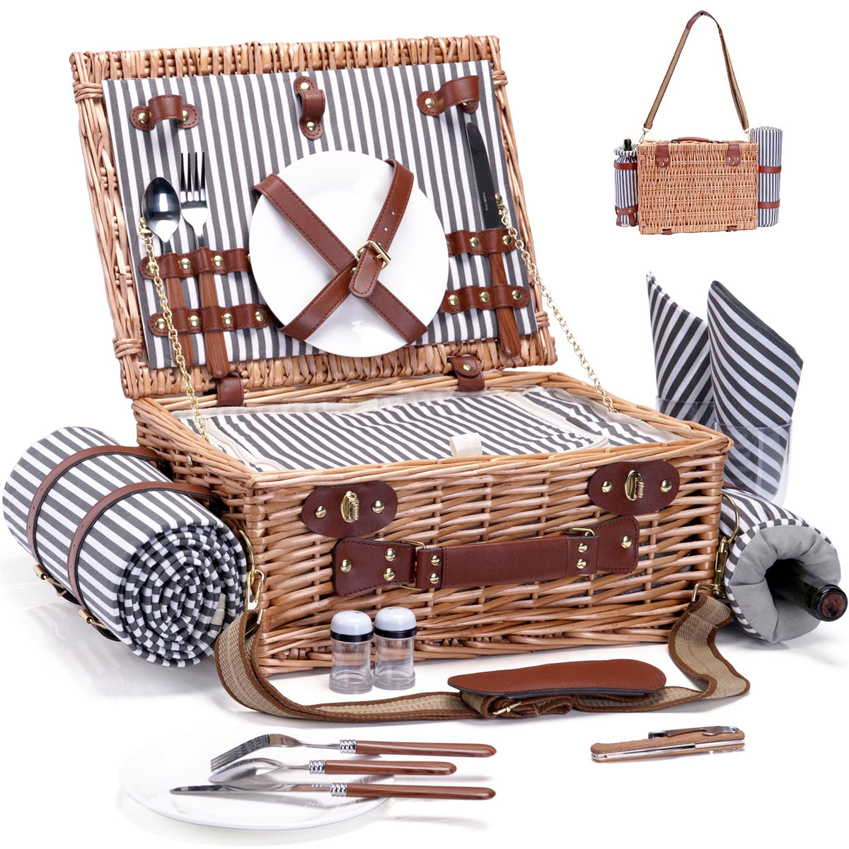 Picnic Basket with Blanket and Wine Pouch for 2 Wicker Picnic Set with Insulated Liner Cooler Bag Hamper for Camping,Wedding - Stripes