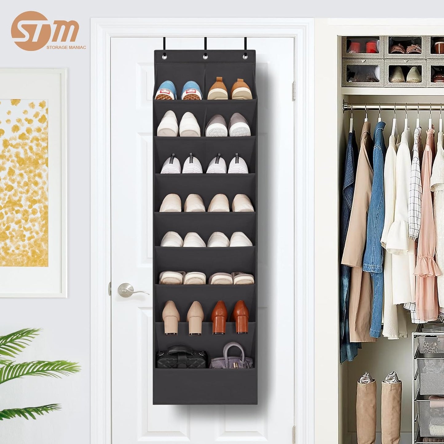 Storage Maniac Over The Door Shoe Organizer - Heavy-Duty Hanging Rack with Deep Pockets | Black, 1 Pack
