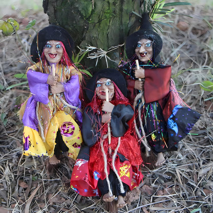 BravOne 3 PCS Halloween Hanging Witches Decorations, 8" Halloween Witches Ornaments Flying Witches Figures on Broom Halloween Outdoor Indoor Decorations Haunted House Hanging Props Party Decor (#A)