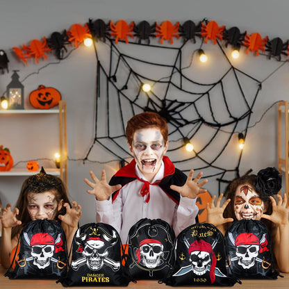 Kacctyen 24 Pcs Pirate Party Favor Goody Candy Treat Bags Halloween Pirate Captain Skull Gift Drawstring Bags for Boys Girls Adventure Themed Birthday Party Supplies Decoration(16 Pieces)
