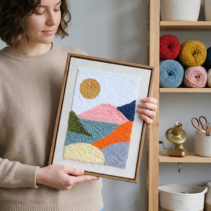 HAND U JOURNEY Punch Needle Kit – 14"x10" Landscape Rug Yarn Hooking Beginner Kit with Oxford Open-Side Design Tool for Craft Gift – Impression Sunrise Pattern