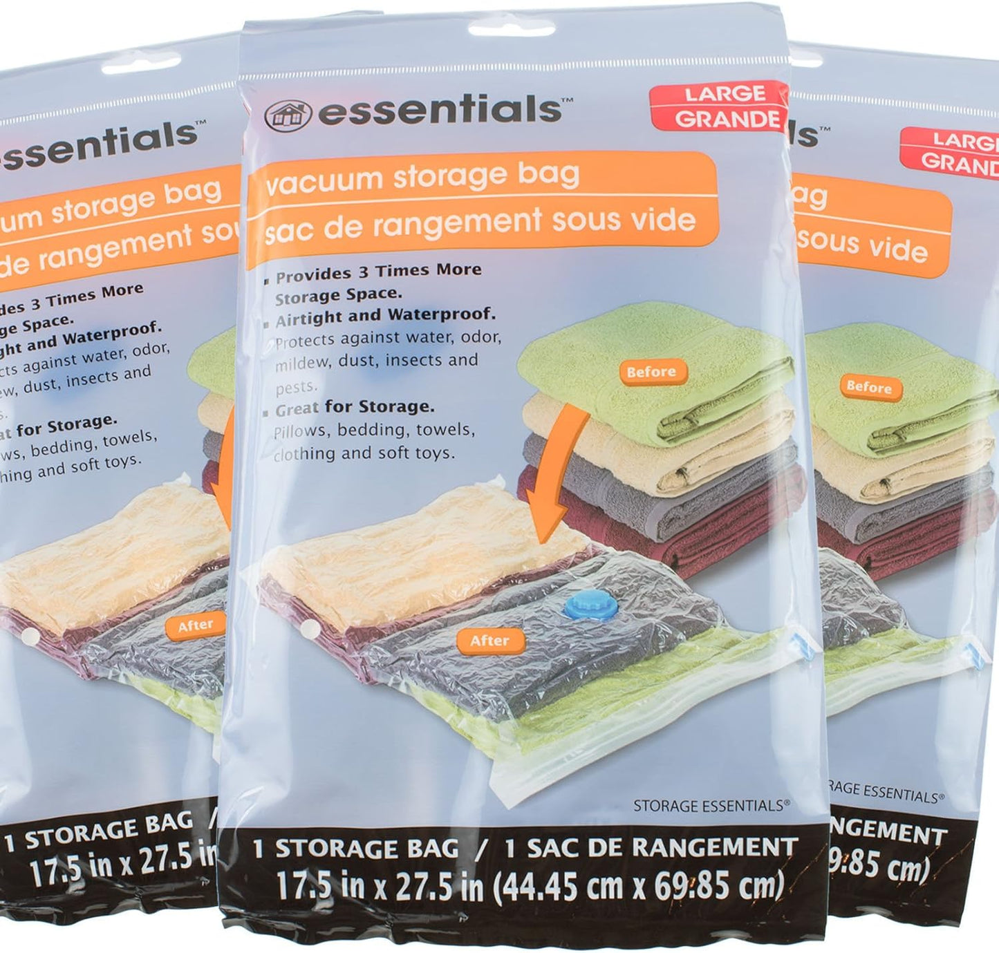 3 NEW ESSENTIALS Large VACUUM STORAGE BAG SPACE SAVER 17.5 in x 27.5 in