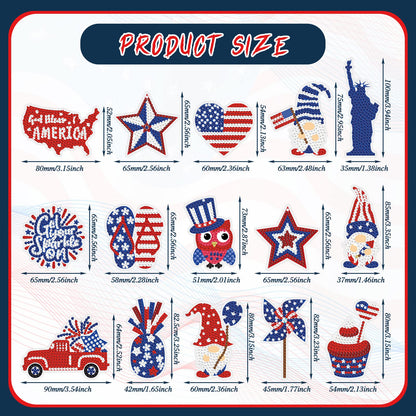 Karenhi 15 Pcs 4th of July Diamond Painting Key Chains Patriotic Diamond Art Keychain Kits Memorial Day Red Blue White American Gnome Star 5D Rhinestones Painting Ornaments for Adult DIY Crafts