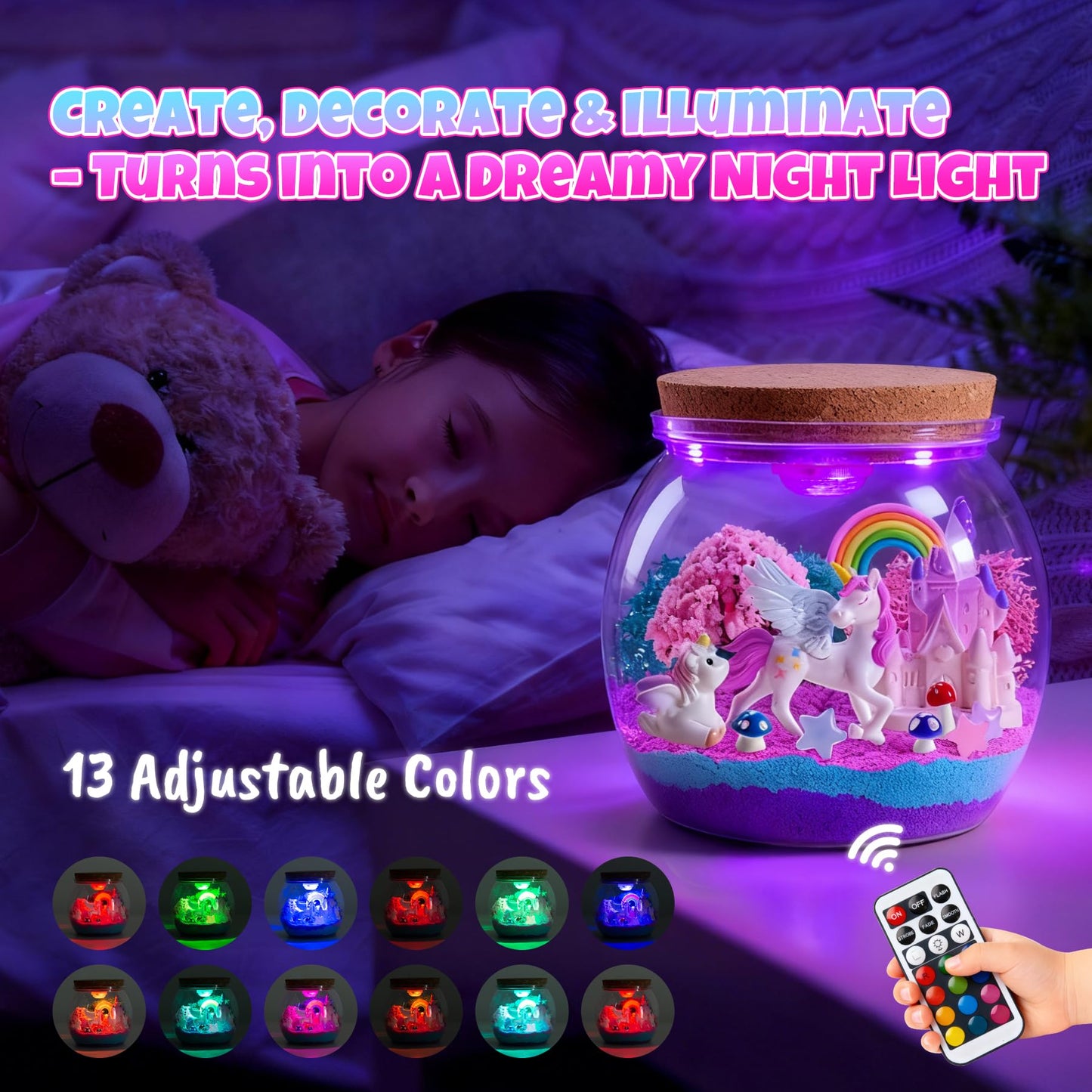 EVERICH TOY Unicorn Terrarium Kit for Girls Ages 4–12, Light-Up DIY Fairy Garden Craft Kit with Remote-Control LED Night Light, Creative Screen-Free Unicorn Gifts & Bedroom Room Décor