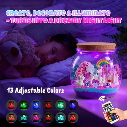 EVERICH TOY Unicorn Terrarium Kit for Girls Ages 4–12, Light-Up DIY Fairy Garden Craft Kit with Remote-Control LED Night Light, Creative Screen-Free Unicorn Gifts & Bedroom Room Décor