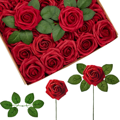 InnoGear Artificial Flowers, 50 Pcs Dark Red Foam Fake Roses Bulk with Stems for Mother's Gift Decoration Celebration DIY Wedding Bouquets Centerpieces Bridal Shower Party Christmas Tree