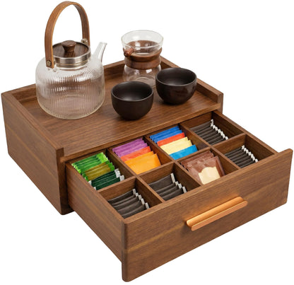 Tea Bag Organizer Drawer | Acacia Wooden Tea Box with 8 Compartments and Deep Storage Drawer | Tea Chest for Countertop Tea Station, Fits Tea Bags, Coffee Pods and Sugar Packets - 13 x 8.46 x 4.92 in