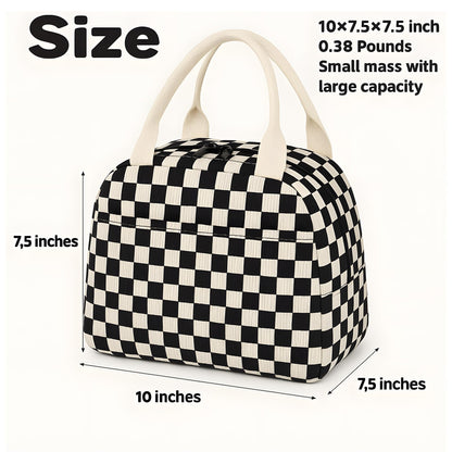 Corduroy Insulated Lunch Tote with Front Pocket for Women & Men Leakproof Reusable Meal & Food Bag, Large Capacity for Office, Picnic & Travel Checkered Black
