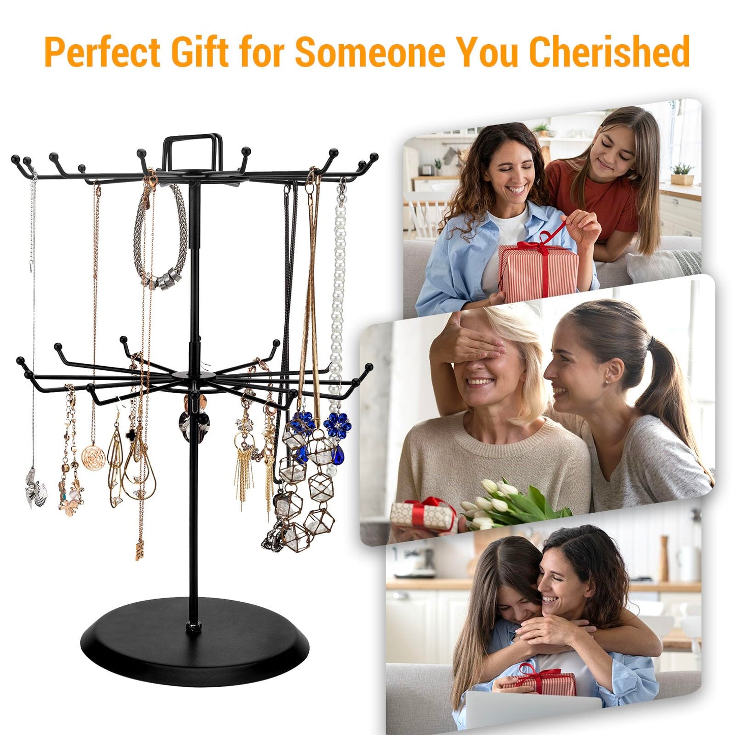 MyGift 2 Tier Black Metal Rotating Necklace tree stand for vendor & bracelet holder Jewelry Stand with 24 Hooks, Multipurpose Accessory and Keychain Spinning Display with Top Handle Card organizer
