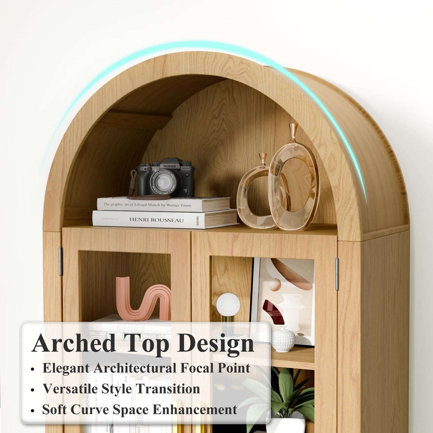 Topcomfy 63" Arched Display Cabinet with Glass Doors, 5-Tier Display Cabinets for Collectibles Wood Display Cabinet with Adjustable Shelves Display Curio Cabinet for Living Room Office, Oak