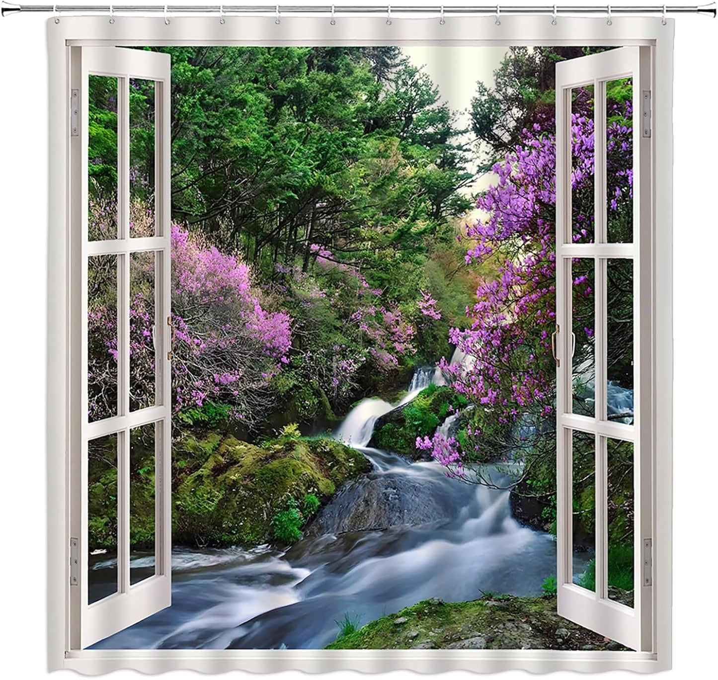 Waterfall Shower Curtain, Nature Green Forest Pink Purple Floral Landscape Bathroom Decor Fabric Curtain with Hooks