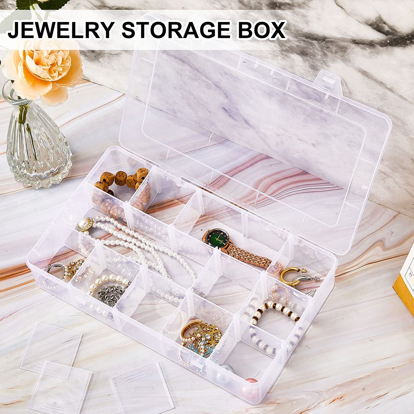 Fuutreo 7 Pack 15 Large Grids Clear Plastic Bead Organizer, Plastic Washi Tape Organizer Clear Craft Box with Removable Divider Compartment Jewelry Box Contains for Jewelry, Beads, DIY Crafts