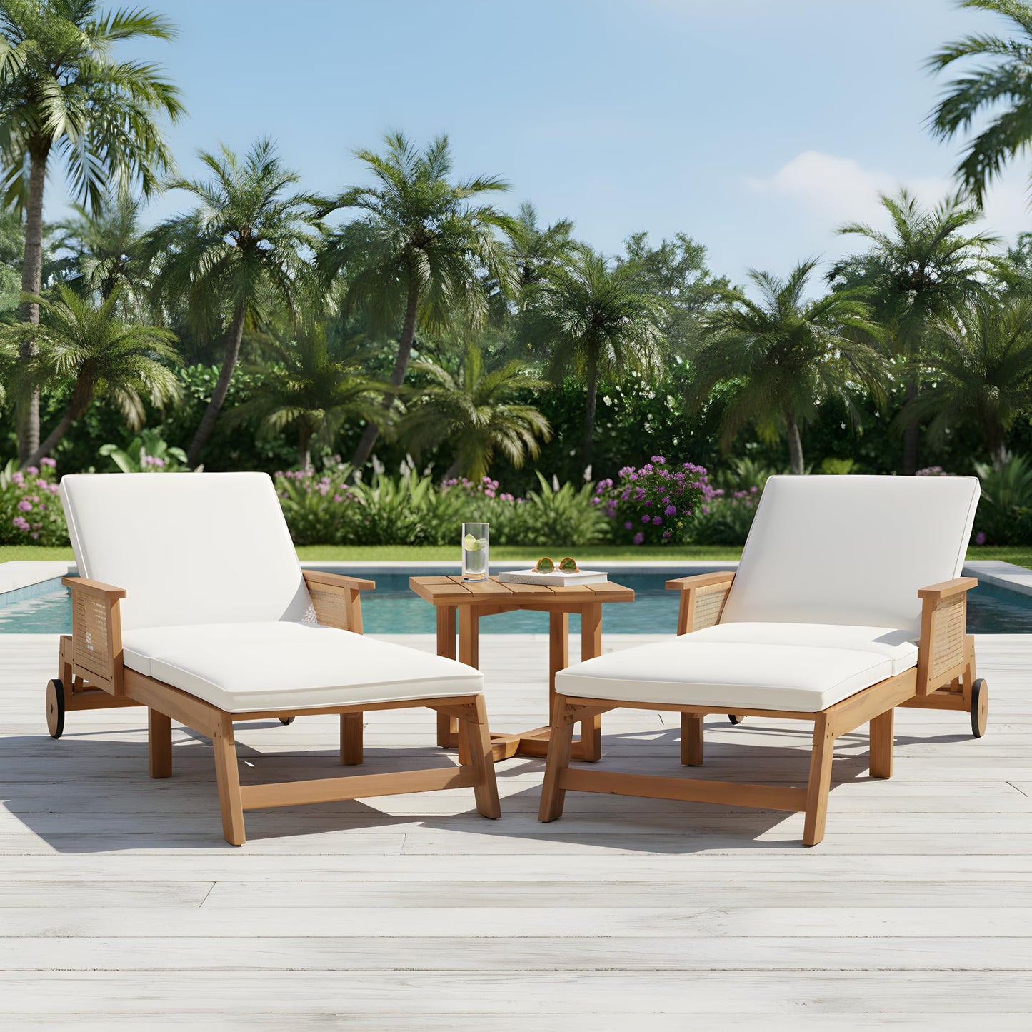 Christopher Knight Home 3-Piece Outdoor Chaise Lounge Chair Set of 2 with Side Table, Acacia Wood Patio Lounge Chairs with Cushion & Wheels, 3-Position Adjustable Beach Backyard Furniture, Beige/Teak