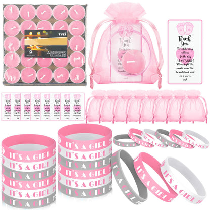 MTLEE 50 Sets Baby Shower Favors Tea Light Candles for Guests Cute Baby Shower Decorations with 50 Cards and 50 Organza Bags and 50 Silicone Bracelets for Boys Girls Gender Reveal (Pink,Cute)