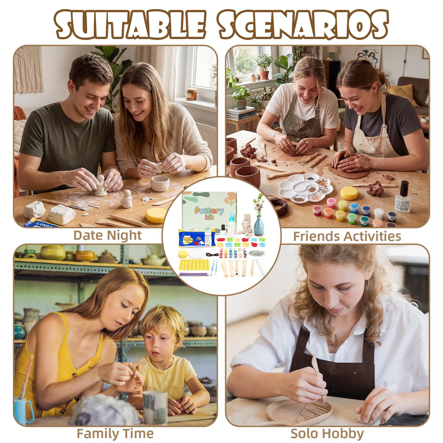 Bafeil Air Dry Clay for Adults & Beginners, 43PCS Pottery Kit Beginners Clay Kits, DIY Craft Set with Clay-Tools-Kit, White Dry Clay, Paints, Brushes, How-to-Guides, Gift for Birthday Family Party