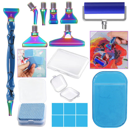 jecxucci Diamond Painting Art Drill Bead Dot Pen Kit with 6pcs Stainless Steel Tips, 6 Glue Clays, Diamond Art Roller and 50Pcs Cleaner Paper, 5D Diamond Painting Trays Sticky Pad (Blue + Colorful)
