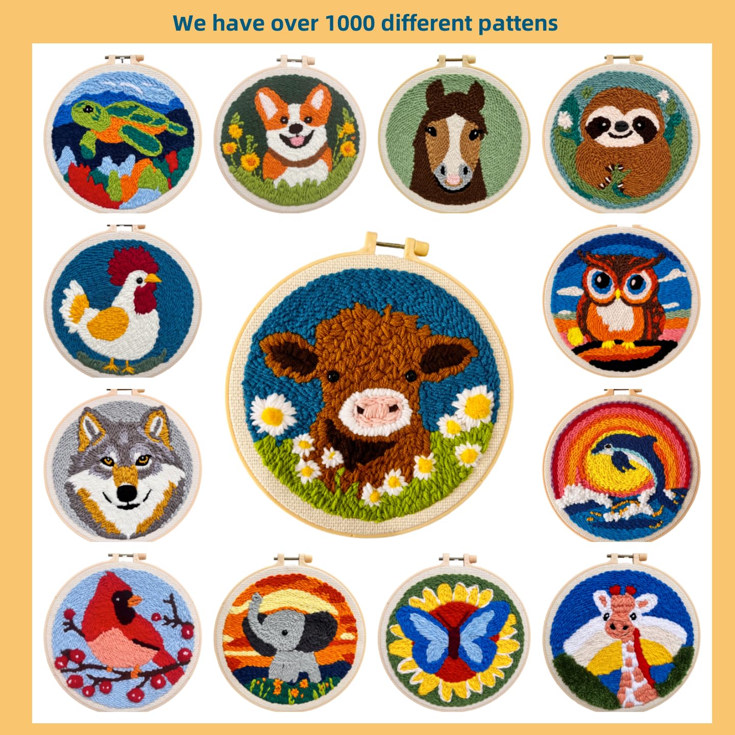 DIY Punch Needle Kits for Beginners Cute Cartoon Highland Cow with Daisy Flower with Hoop Embroidery Punch Needle Starter Craft Set Easy for Adults and Children Festival Gift and Decoration 20x20cm-1