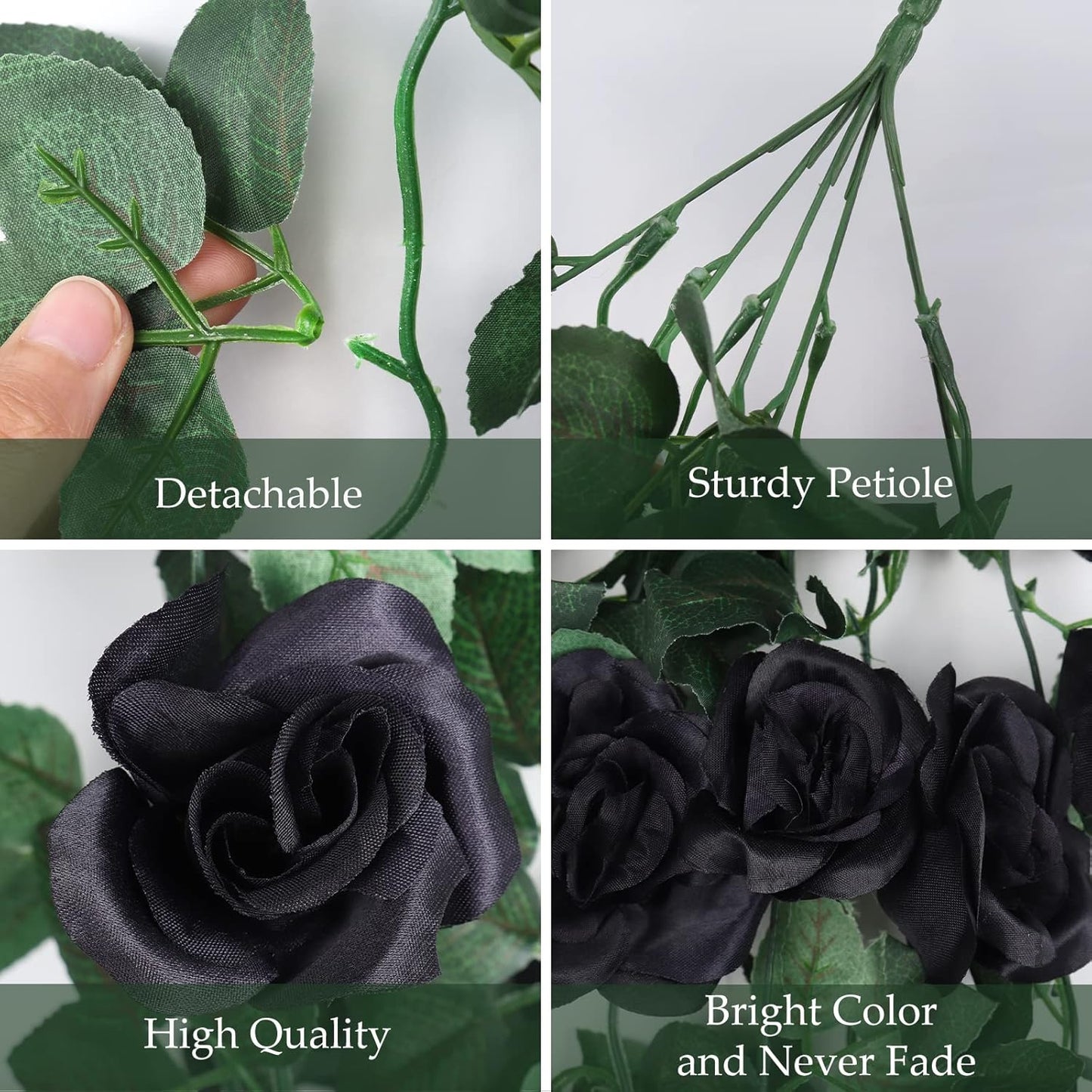 RECUTMS 4 Pieces Artificial Hanging Rose Flower 3.3Ft with 30 LED Fairy String Lights for Indoor Outdoor Wedding (Black)