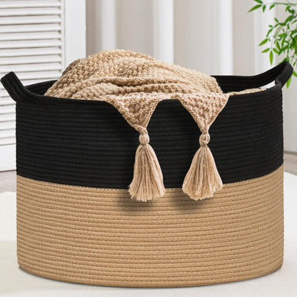Gosipeya XXXLarge Woven Cotton Rope Basket (21.7" x 13.8") – Blanket Basket for Living Room, Laundry Hamper, Baby Laundry Hamper, Toy Storage, Pillows & Cushions Organizer (Black&Brown)